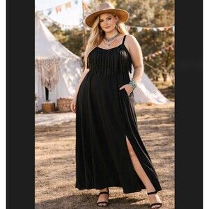Torrid Black Maxi Dress 1X Fringe Bodice Leg Slit Jersey Sleeveless Pockets Boho